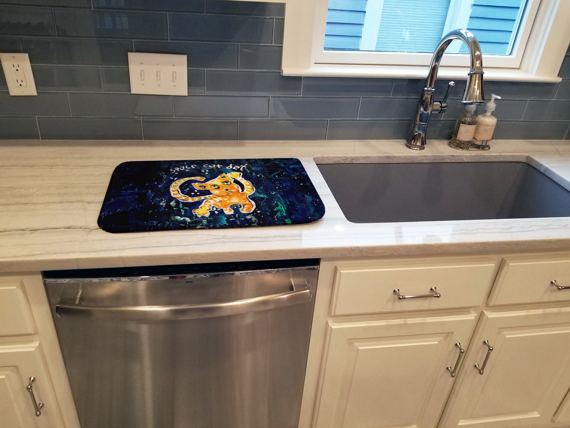 Space Cat Det Cat Dish Drying Mat Absorbent Dish Drying Mat Pad for Kitchen Counter Dish Drainer Mat for Countertop, 14 x 21", Multicolor