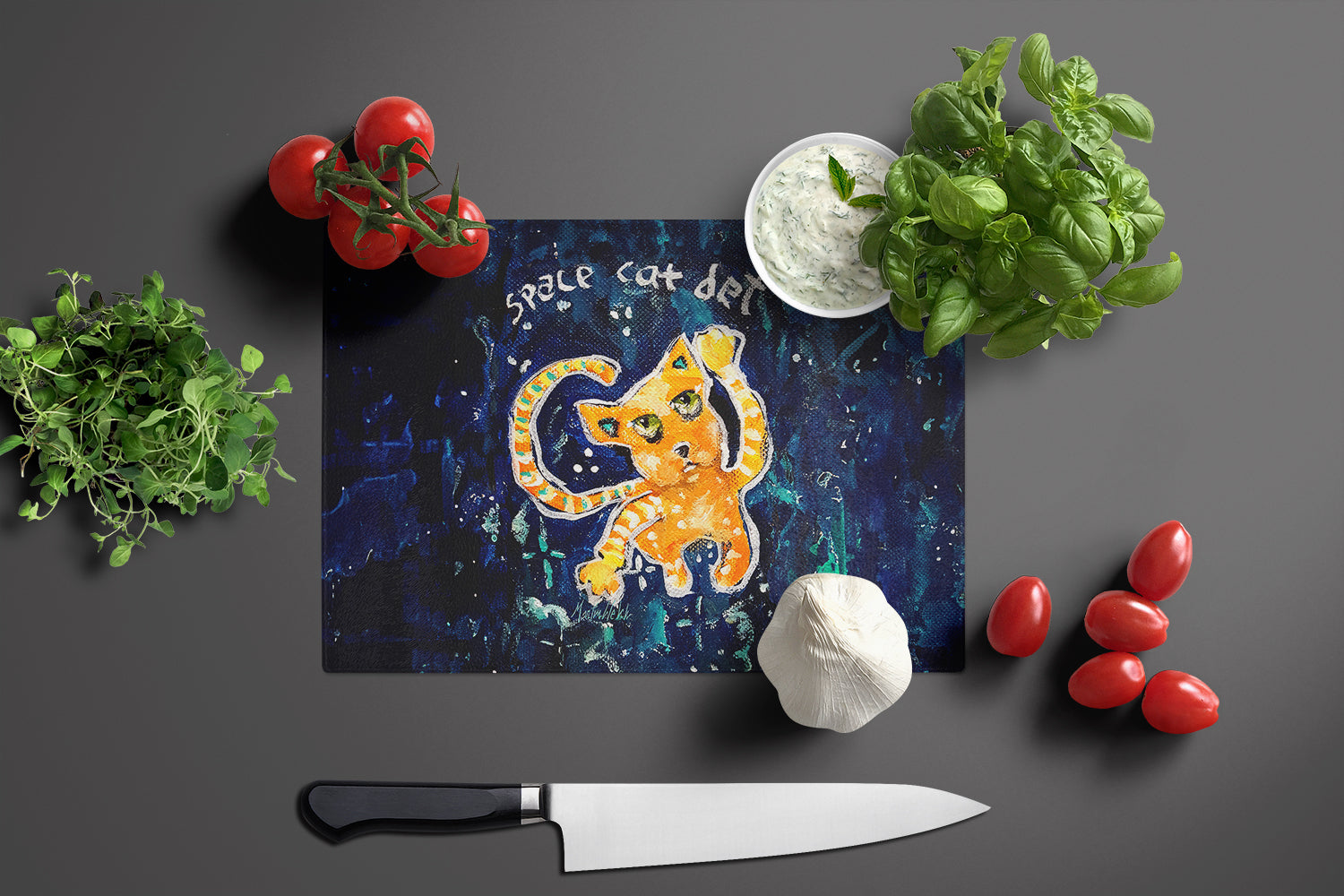 Space Cat Det Cat Cutting Board Tempered Glass Kitchen Cutting Surface, Heat Resistant Chopping, Non-Slip Feet, Food Prep & Serving