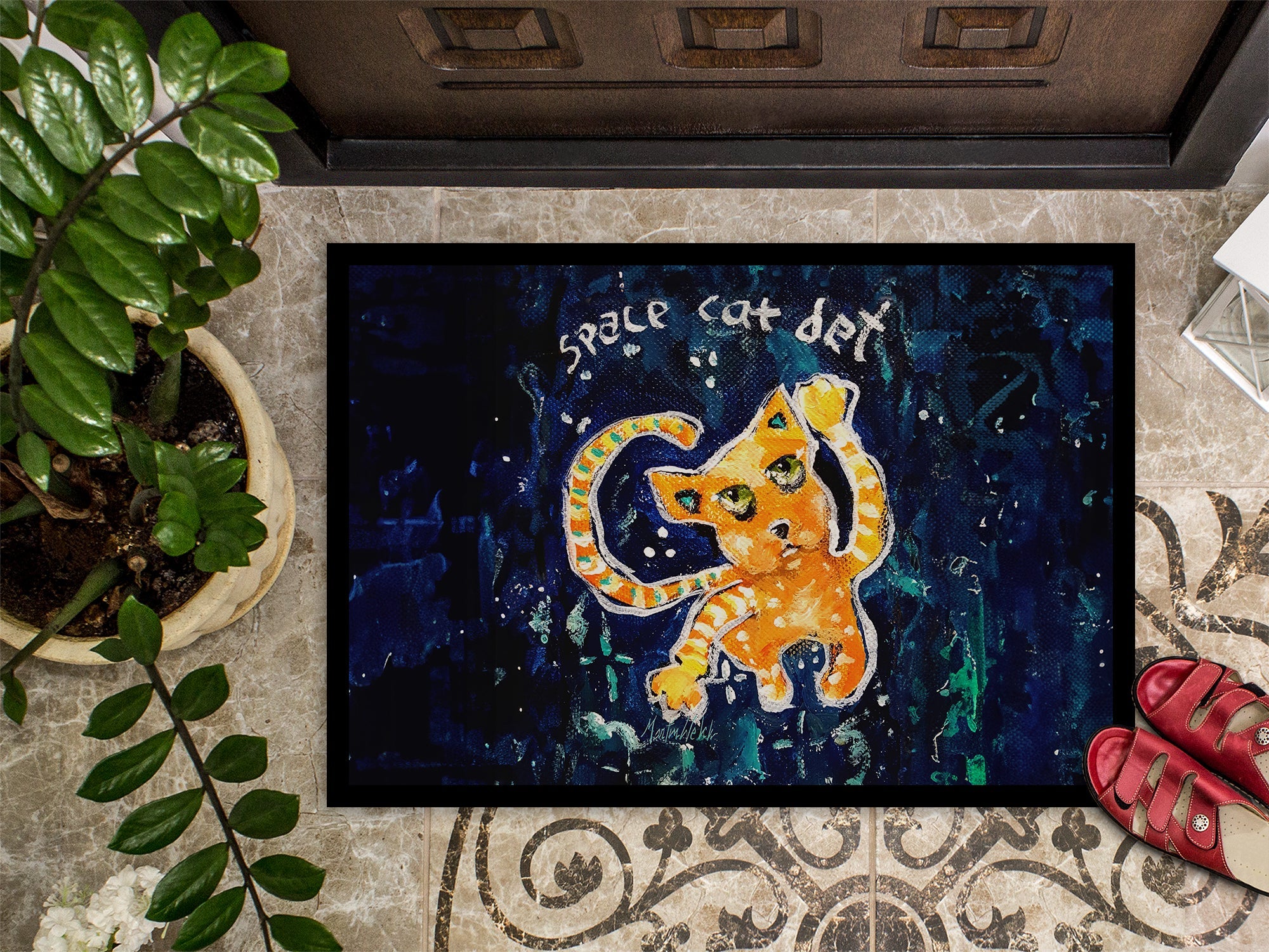 Space Cat Det Cat Doormat Indoor Outdoor 18H X 27W Front Door Mat Rugs for Entryway, Non Slip Washable
