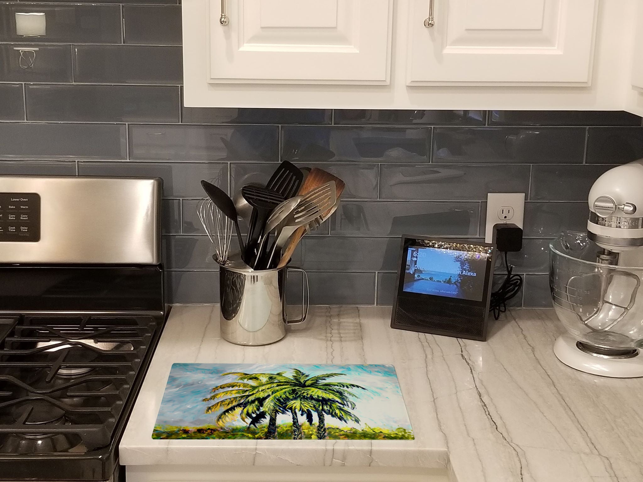 Tropical Breeze Palm Trees Cutting Board Tempered Glass Kitchen Cutting Surface, Heat Resistant Chopping, Non-Slip Feet, Food Prep & Serving