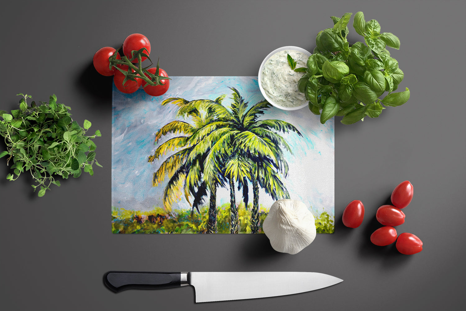 Tropical Breeze Palm Trees Cutting Board Tempered Glass Kitchen Cutting Surface, Heat Resistant Chopping, Non-Slip Feet, Food Prep & Serving