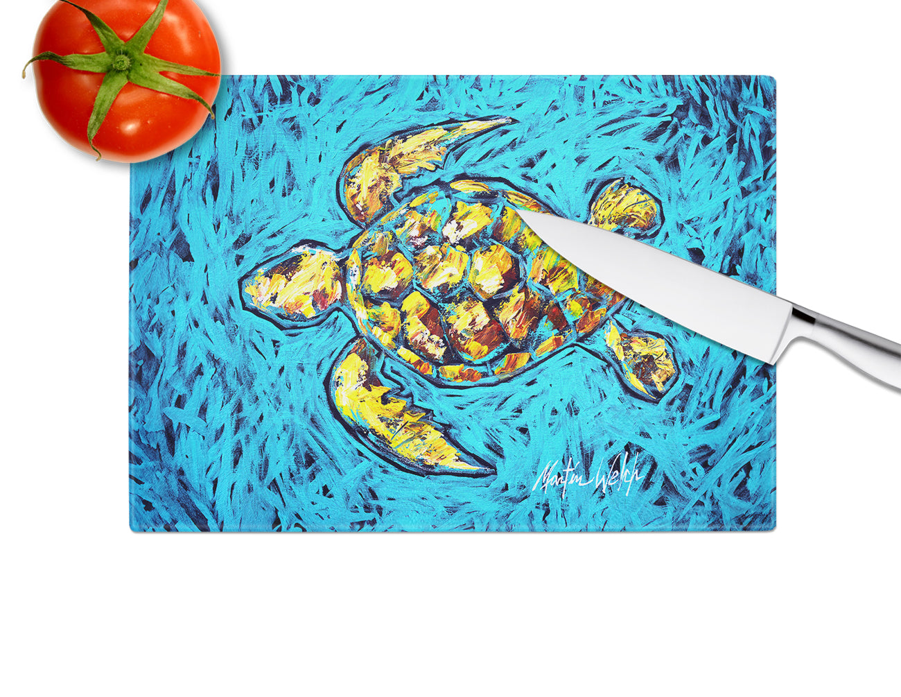 Turtle Drive Cutting Board Tempered Glass Kitchen Cutting Surface, Heat Resistant Chopping, Non-Slip Feet, Food Prep & Serving