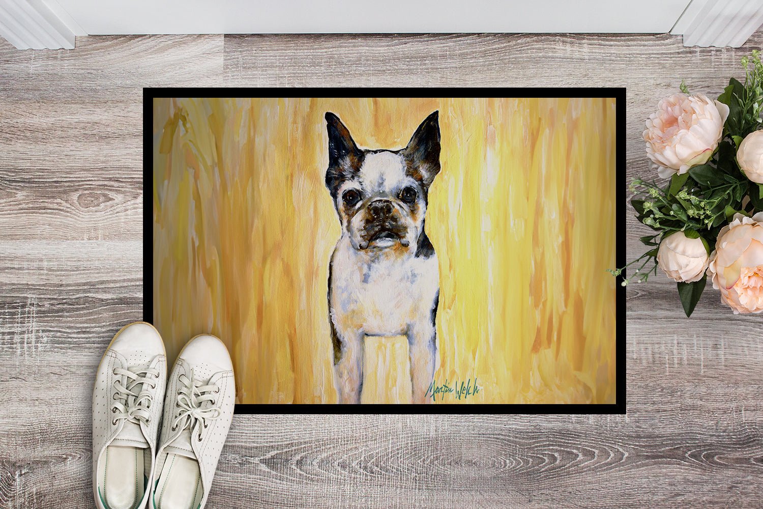 Boston Terrier Walker Two Doormat Indoor Outdoor 18H X 27W Front Door Mat Rugs for Entryway, Non Slip Washable