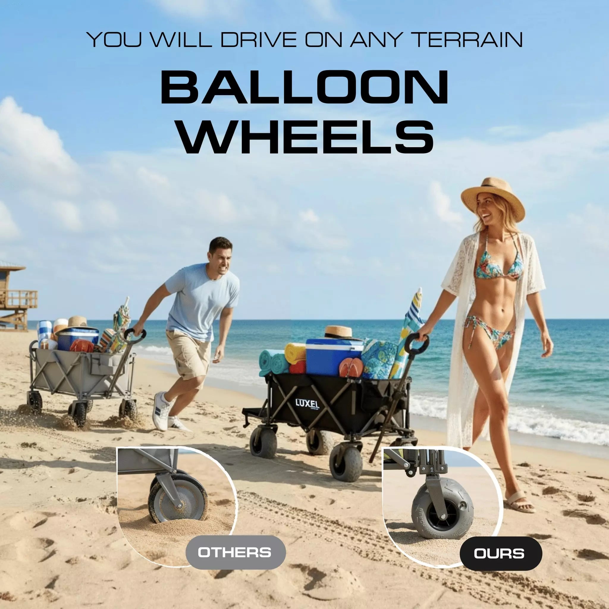 Beach Wagon Cart with Big Wheels – Foldable Utility Wagon Black