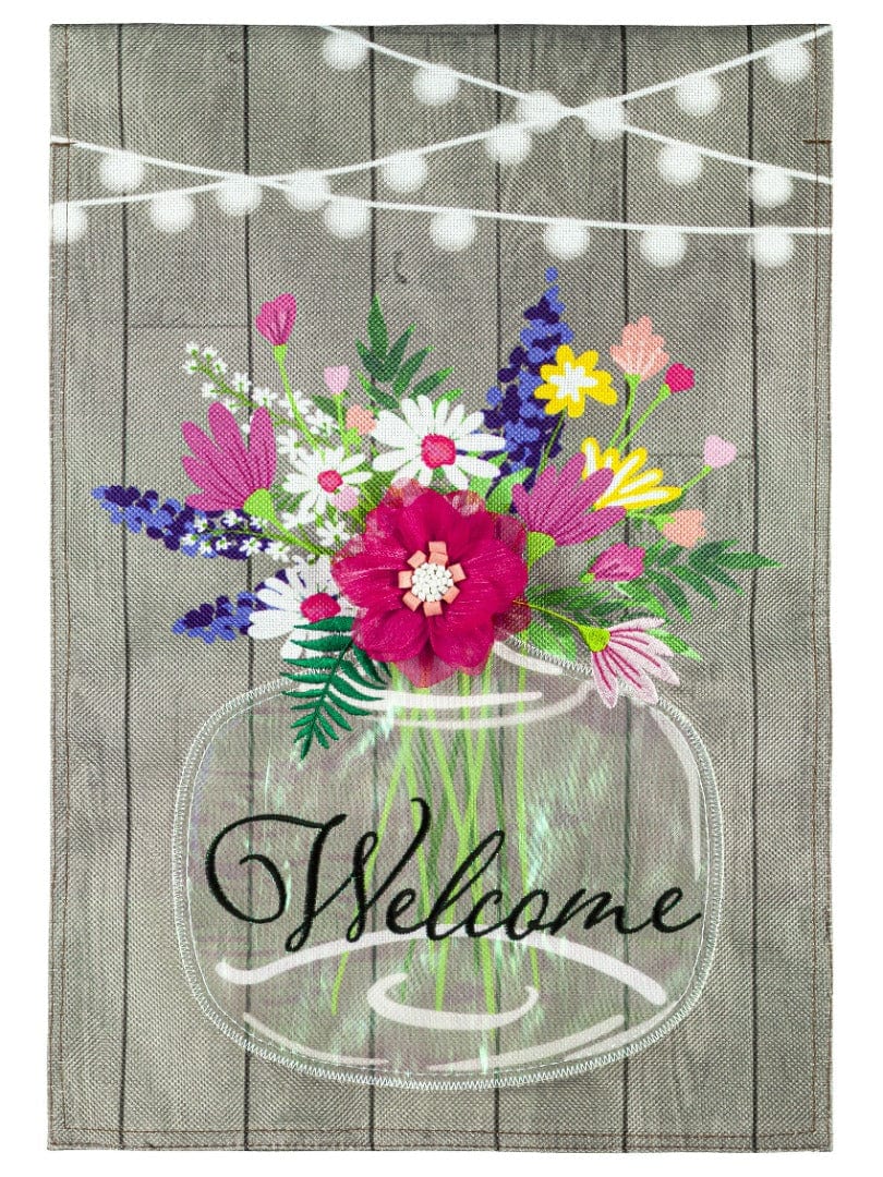 Mason Jar and Lights Garden Flag 2 Sided Burlap