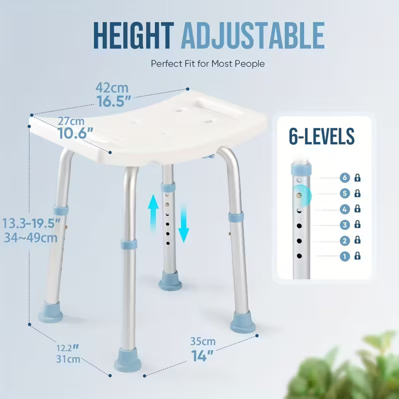 Metal Bath Chair | Adjustable Height (6 Positions), Non-Slip Base & Feet, Bathtub-Friendly Design | Sturdy Shower Stool for Elderly