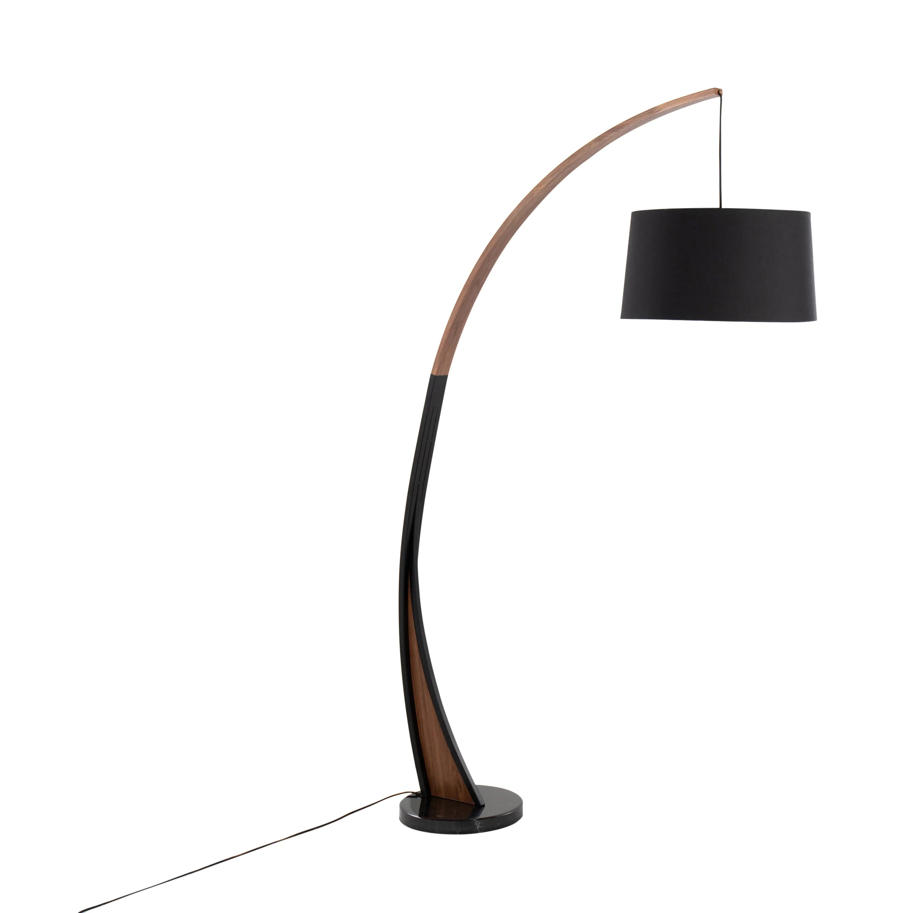 Mid-Century Modern Floor Lamp – Arched Walnut Wood Frame, Marble Base & Linen Drum Shade