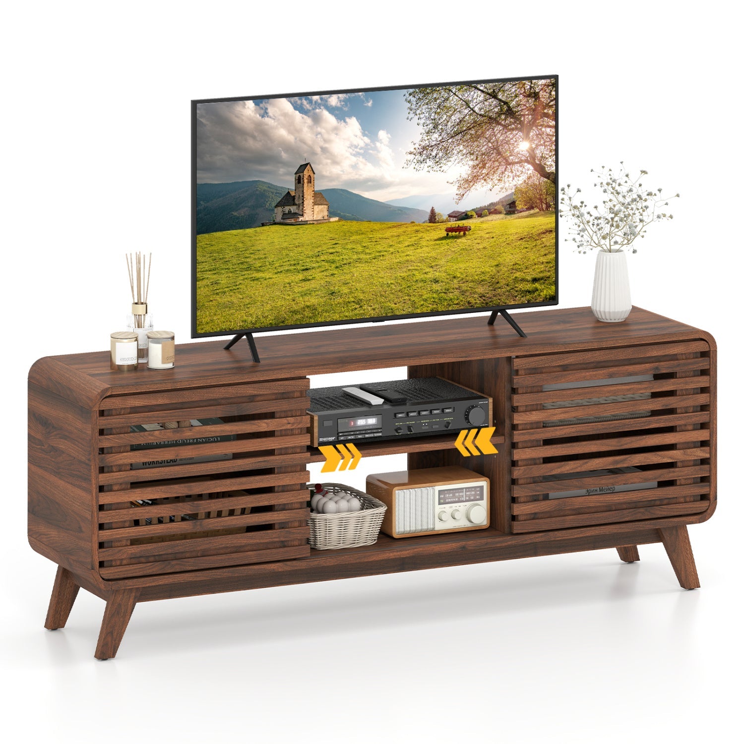Mid Century Modern Entertainment Center with Grille-style Sliding Doors for Living Room