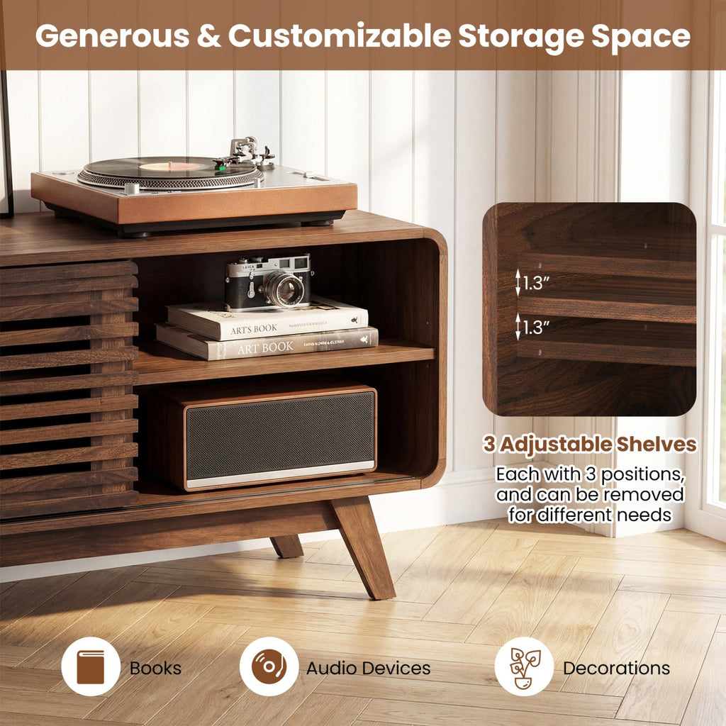 Mid Century Modern Entertainment Center with Grille-style Sliding Doors for Living Room