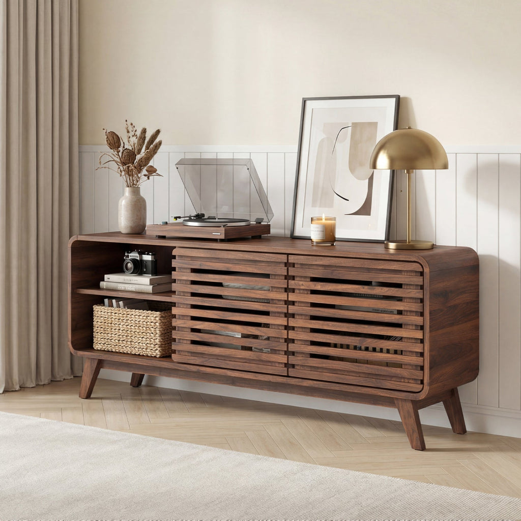 Mid Century Modern Entertainment Center with Grille-style Sliding Doors for Living Room