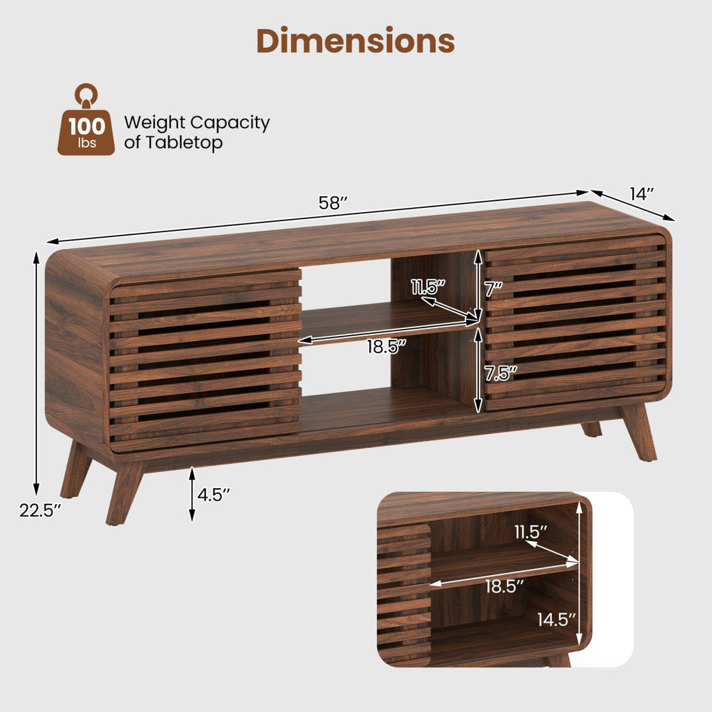 Mid Century Modern Entertainment Center with Grille-style Sliding Doors for Living Room