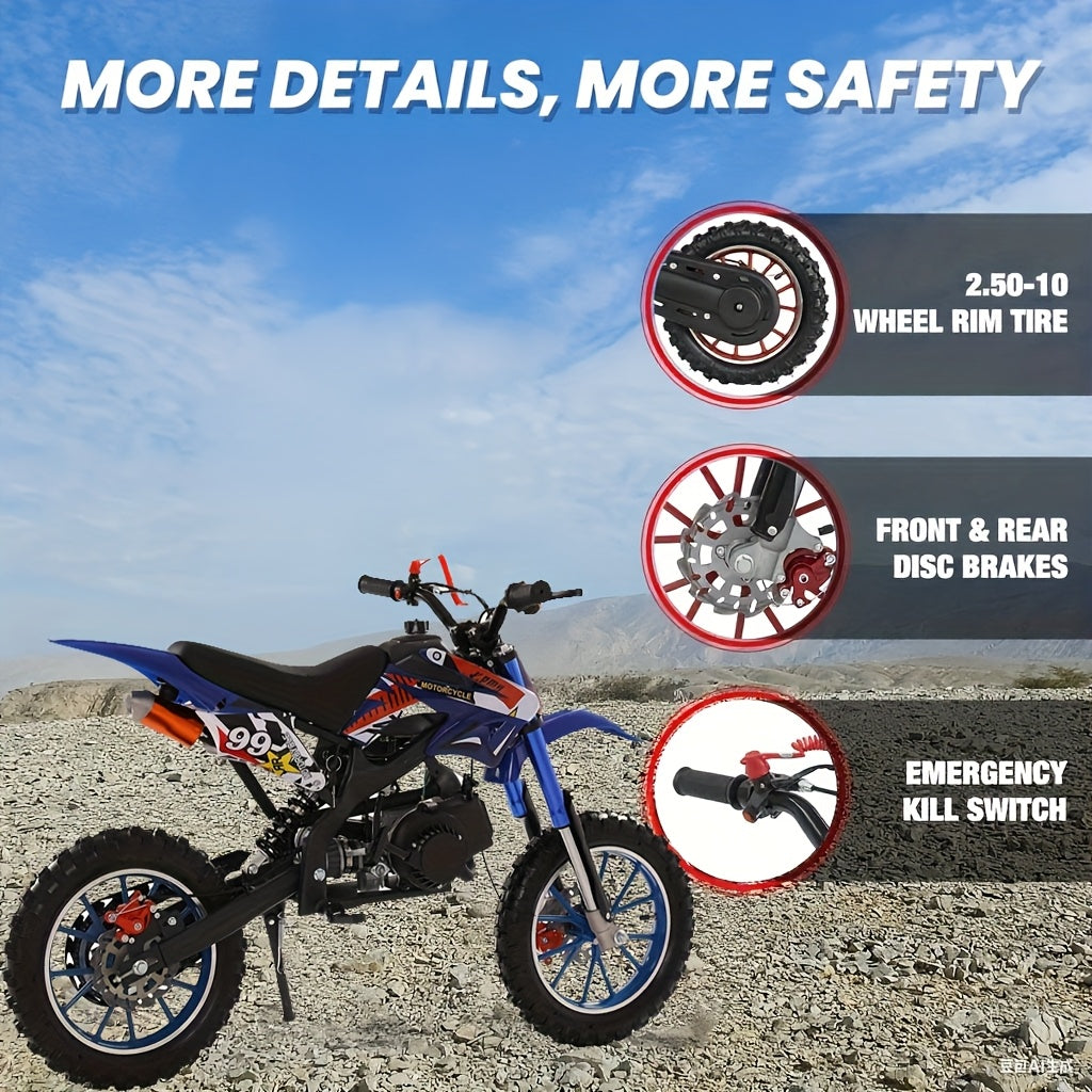 Gas Dirt Bike 49CC 2-stroke Off-road Vehicle, Mini Bike Gas Powered Motorcycle Off-road Race, Off-road Mini Motorcycle, Gas Off-road Motorcycle Go Kart, Gas Off-road Vehicle with A Load Capacity Of 300 Pounds Dirt Bike