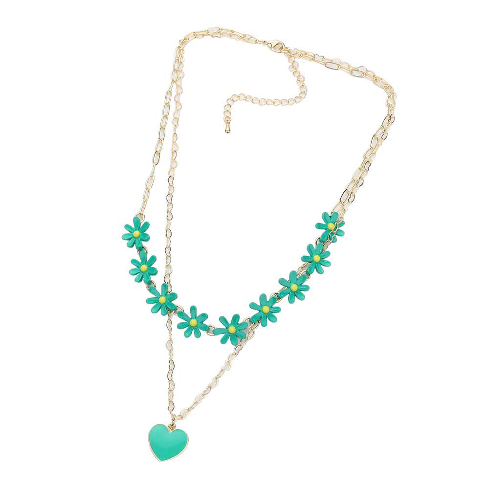 Enamel Heart Pendant Flower Link Double Layered Necklace