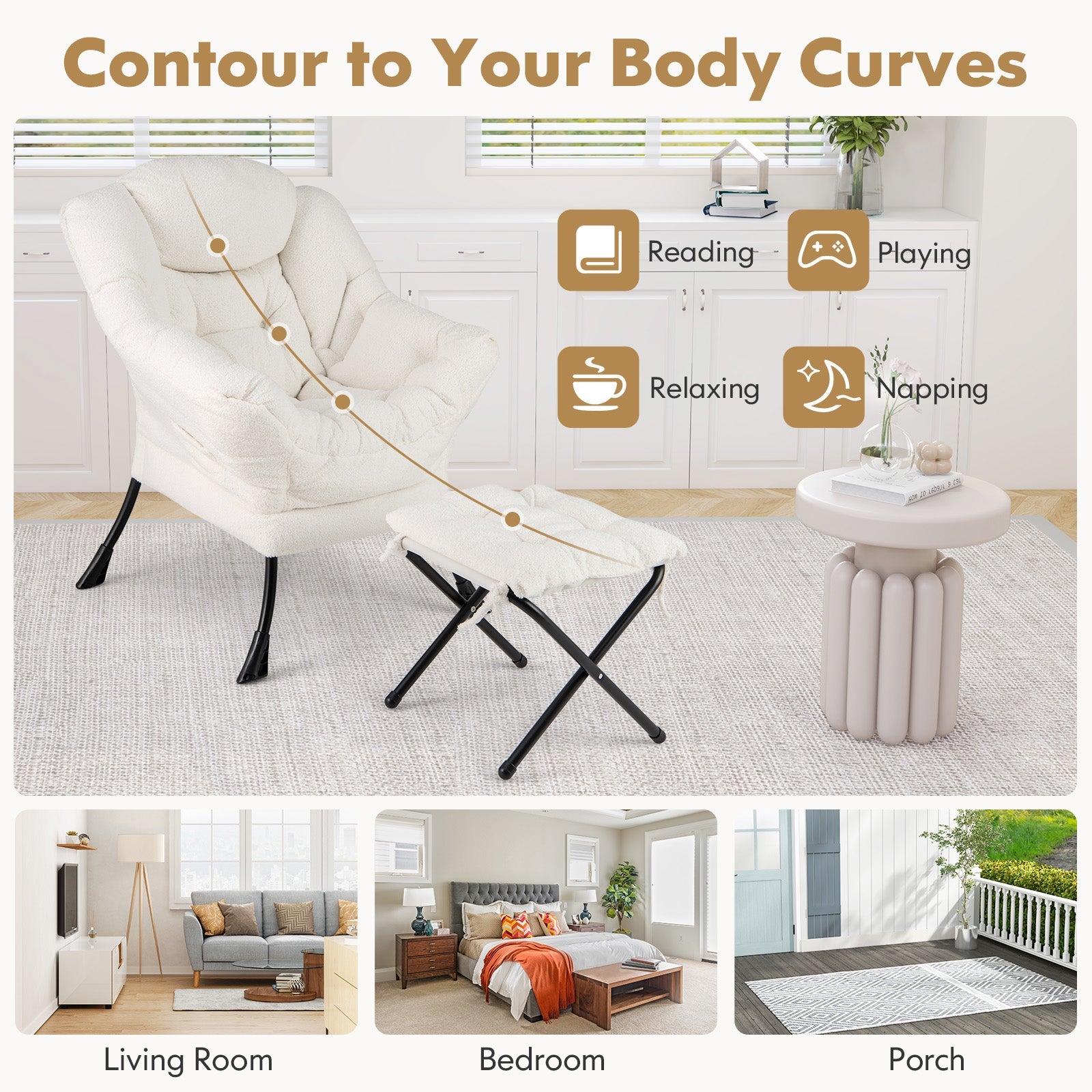 Modern Accent Chair with Folding Footrest and Head Pillow