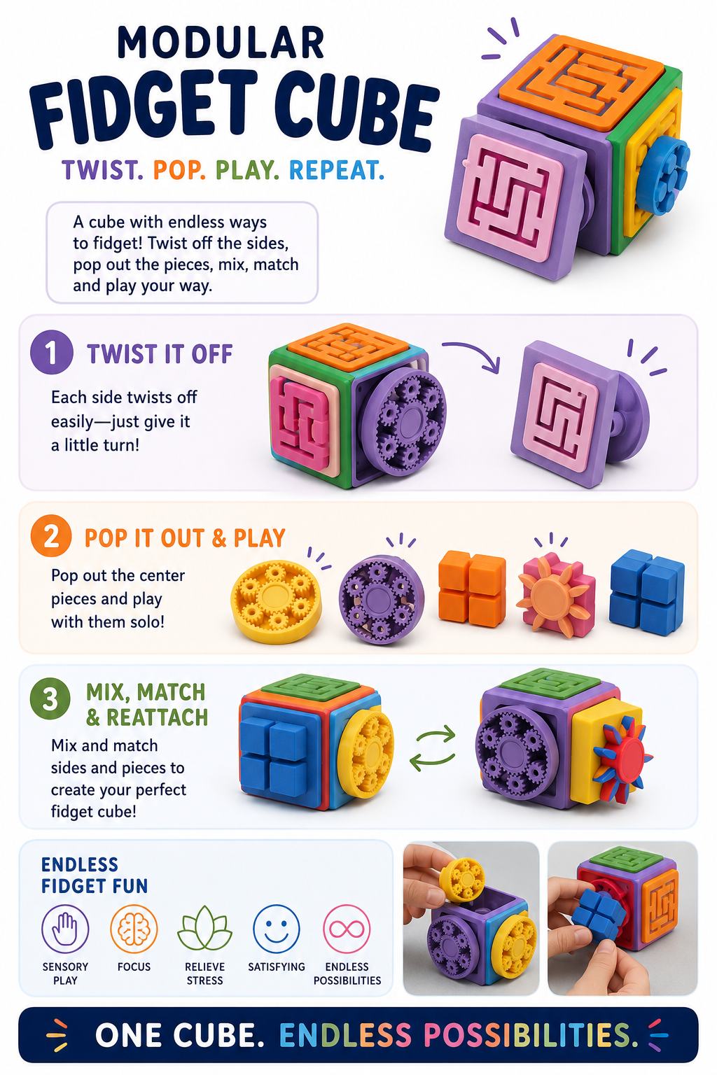 Modular Fidget Cube — Swappable Sensory Toy | 4 Inch