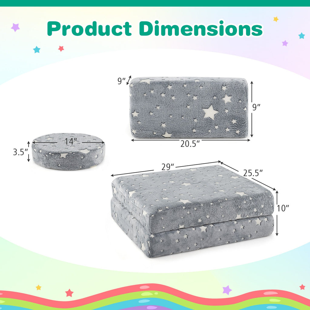 Modular Kids Play Couch Set Glow in the Dark with Portable Handles-Gray