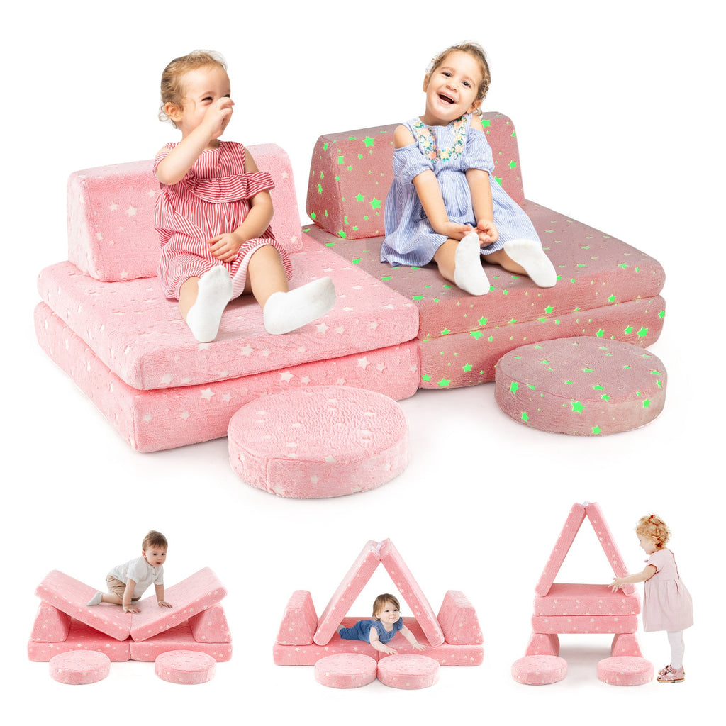Modular Kids Play Couch Set Glow in the Dark with Portable Handles-Pink