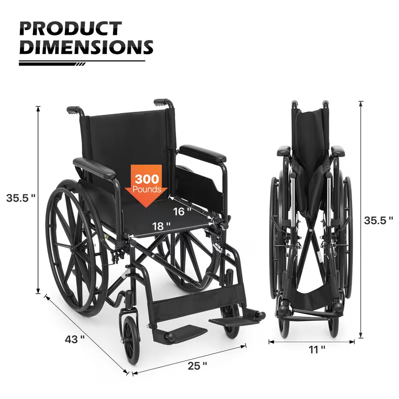 Monicare Portable Folding Wheel Chair with Flip-Back Armrest and Swing Away Foot Leg Rest, Steel Frame Nylon Seat, 18 inch Wide Seat