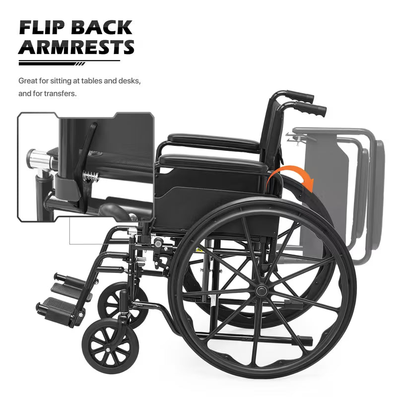 Monicare Portable Folding Wheel Chair with Flip-Back Armrest and Swing Away Foot Leg Rest, Steel Frame Nylon Seat, 18 inch Wide Seat