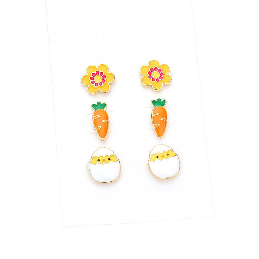 3Pairs Enamel Flower Carrot Easter Egg Stud Earrings