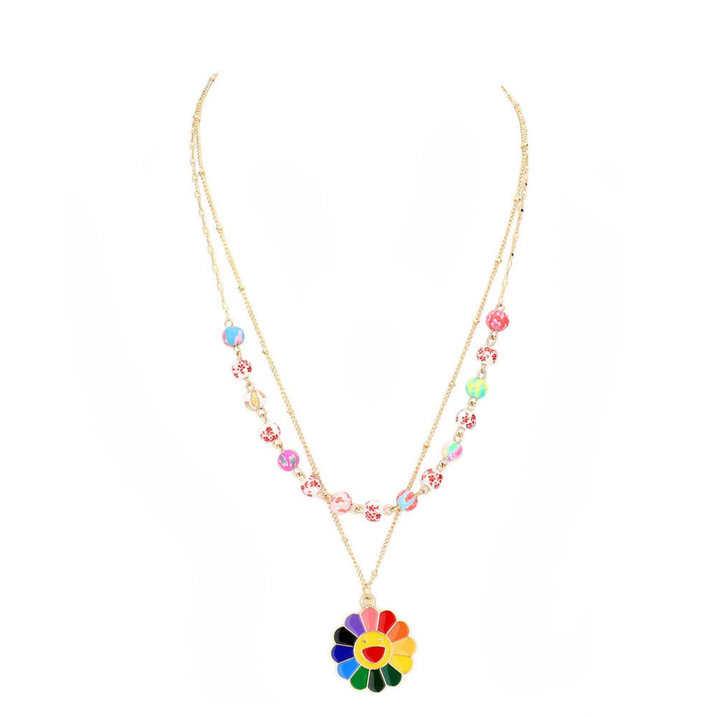 Enamel Smile Flower Patterned Beaded Double Layered Necklace