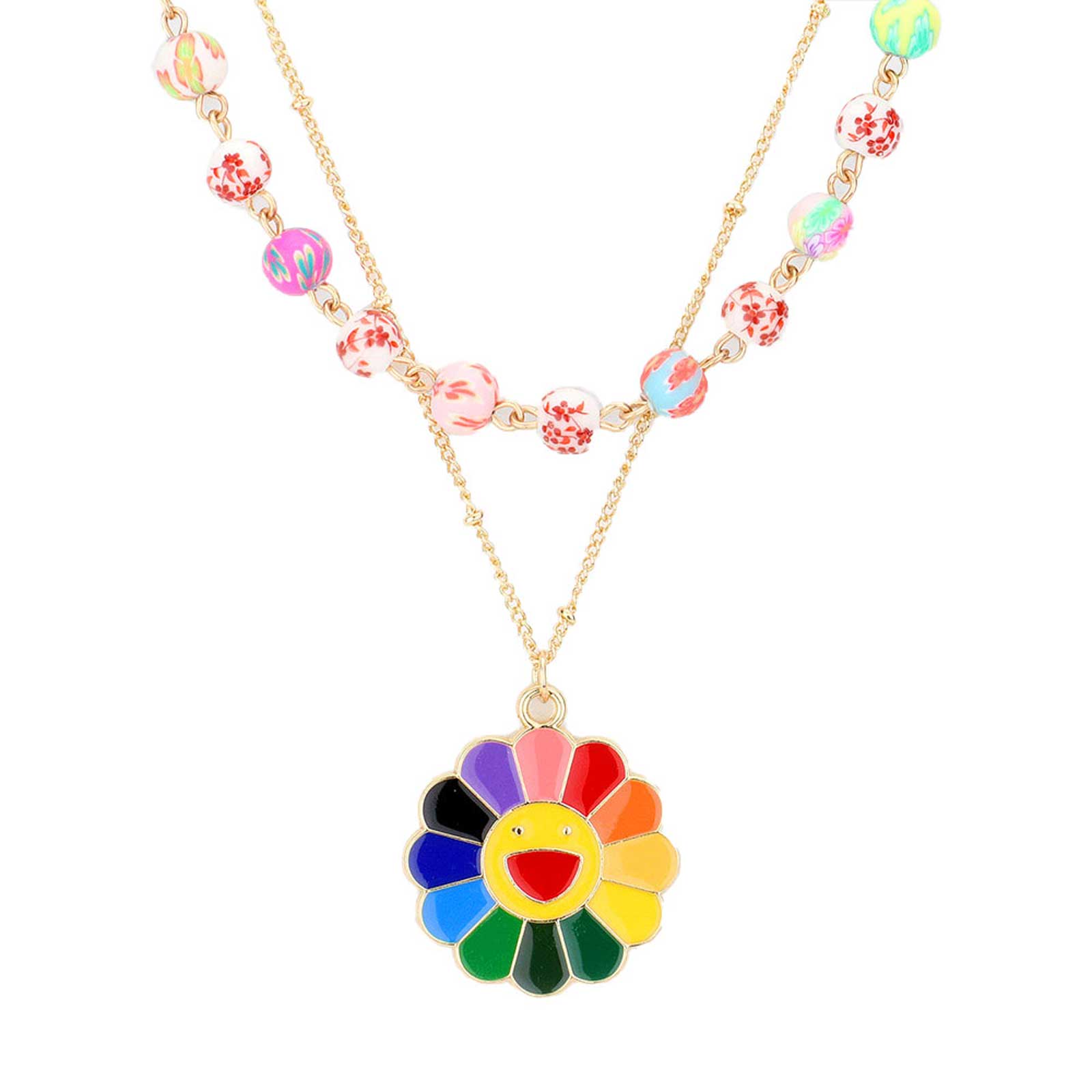 Enamel Smile Flower Patterned Beaded Double Layered Necklace