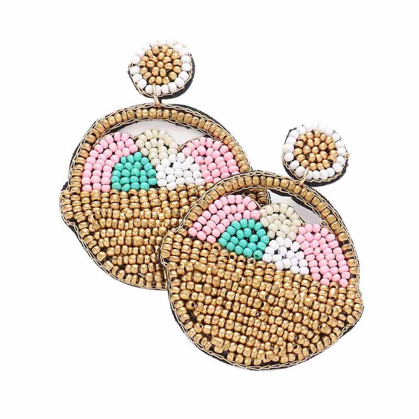 Felt Back Seed Beaded Easter Egg Basket Dangle Earrings