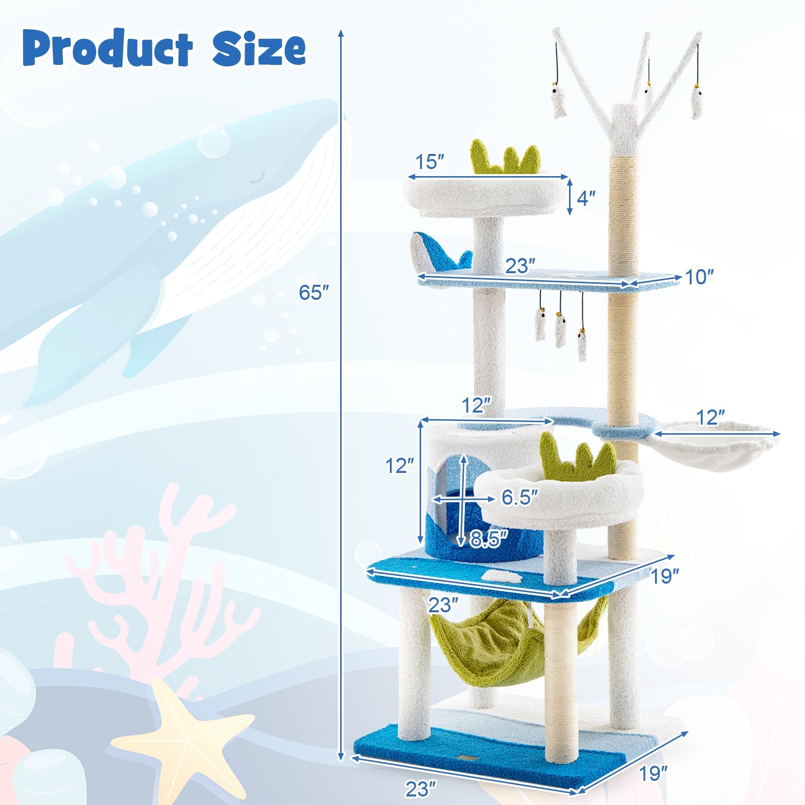 Multi-level Cat Tower with Sisal Covered Scratching Posts-Blue