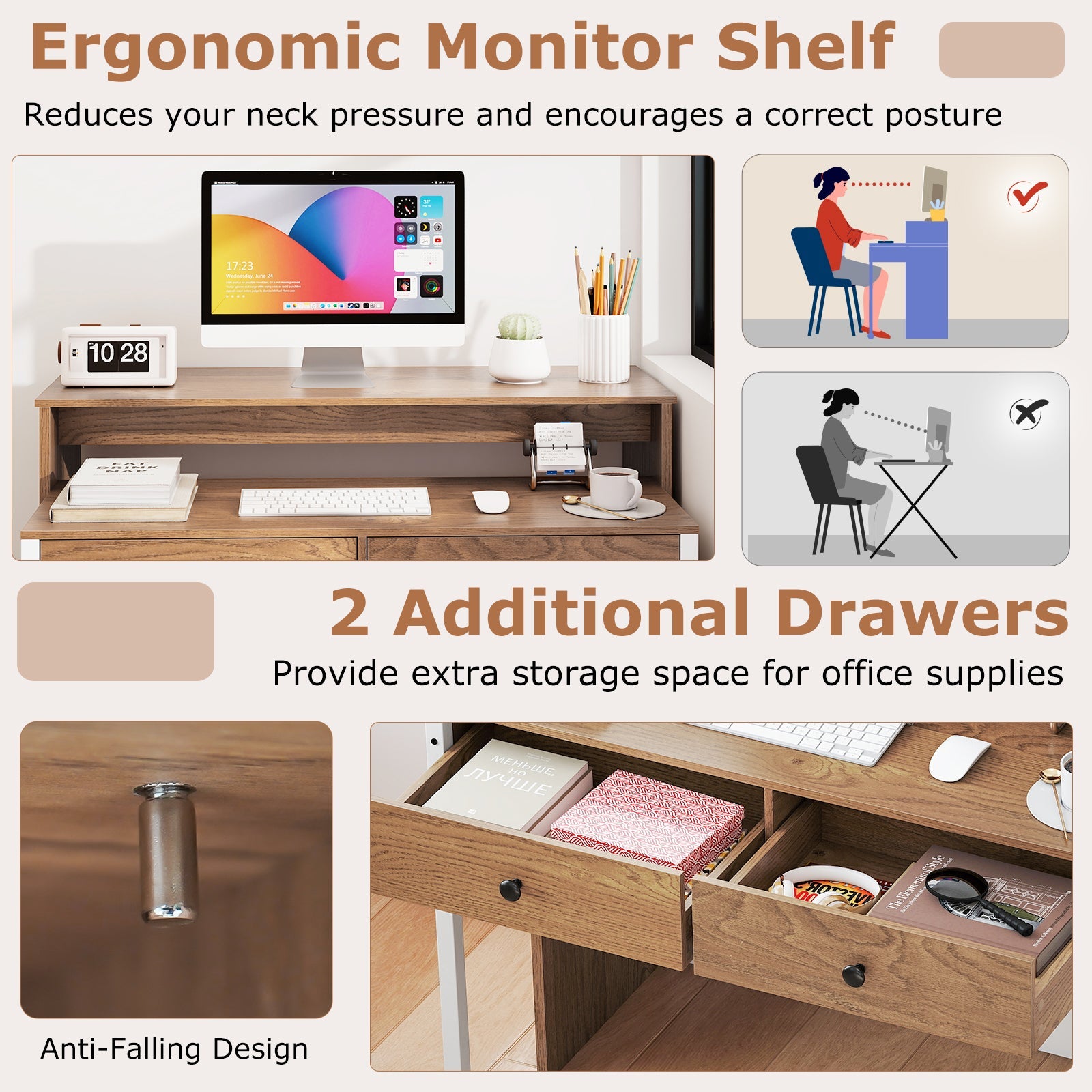 Extendable Computer Desk with Pull Out Secondary Desk-Natural