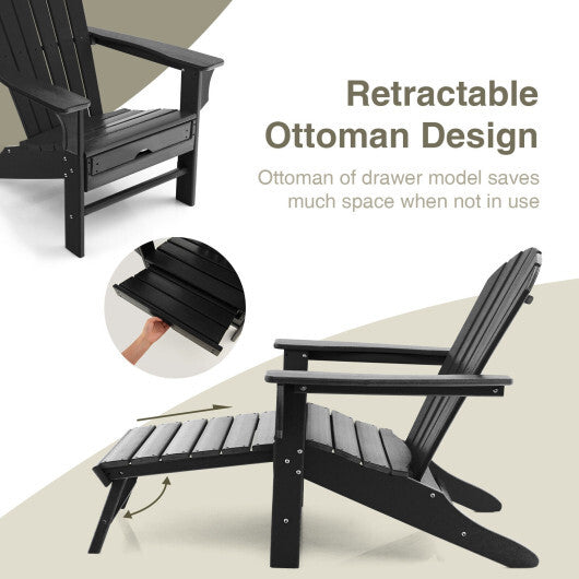 Patio HDPE Adirondack Chair with Retractable Ottoman-White