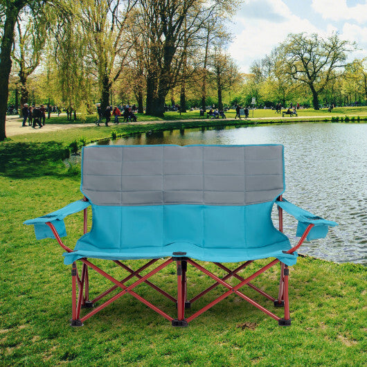 Oversized Camping Chair Folding Loveseat Camping Couch with Cup Holders & Thick Padding-Green