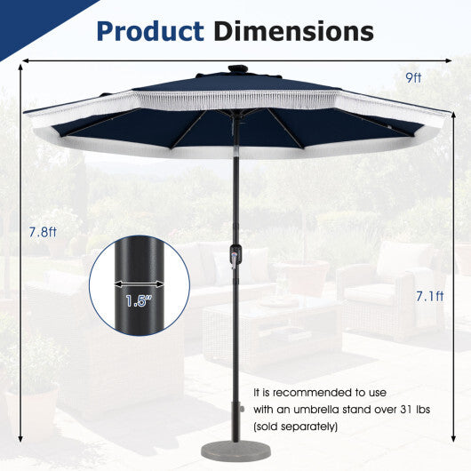 9 Feet Solar Patio Umbrella with 24 LED Lights for Yard-Navy
