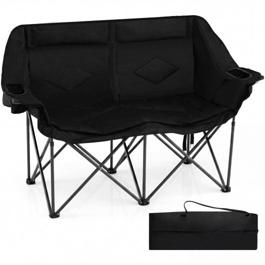 Double Camping Chair with Cup Holders Glass Racks and Mesh Pockets-Black