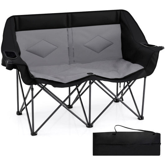 Double Camping Chair with Cup Holders Glass Racks and Mesh Pockets-Black