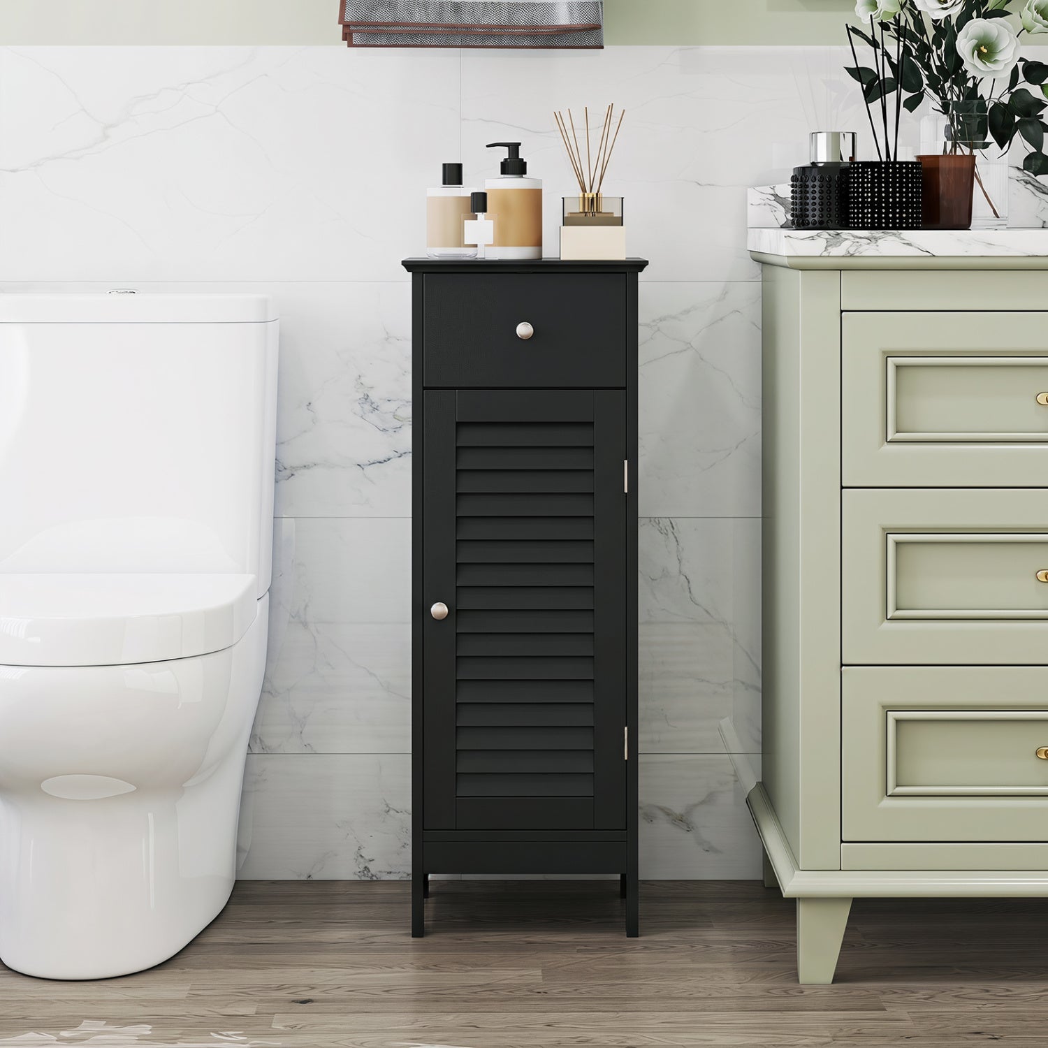 Narrow Bathroom Storage Cabinet with Adjustable Shelf & Drawer