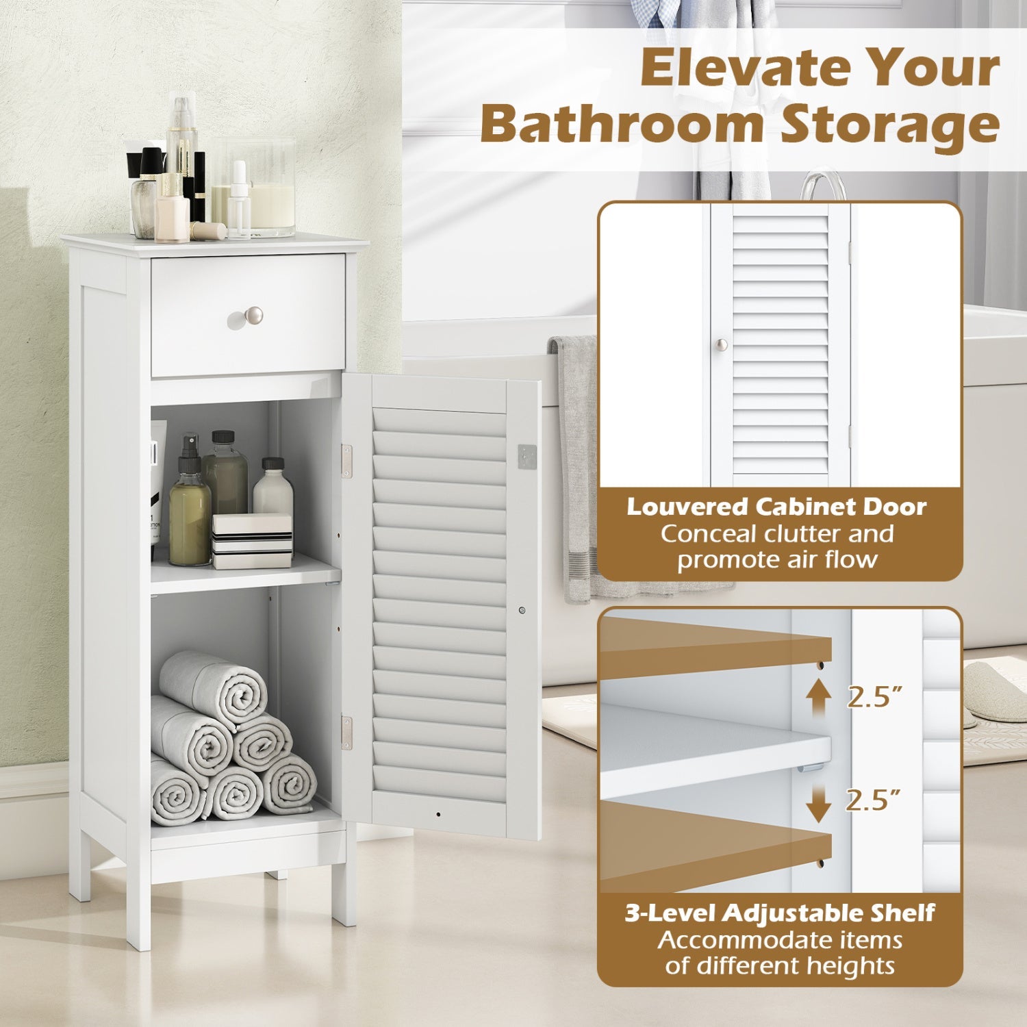 Narrow Bathroom Storage Cabinet with Adjustable Shelf & Drawer