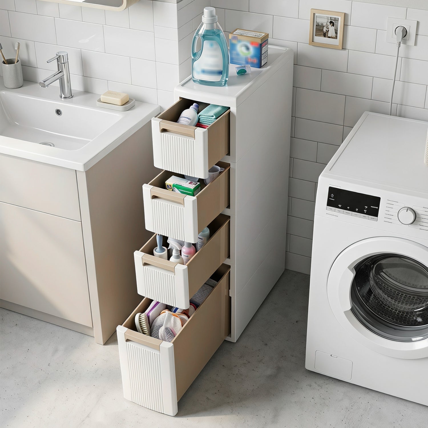 Narrow Storage Cabinet with Drawers and Removable Dividers