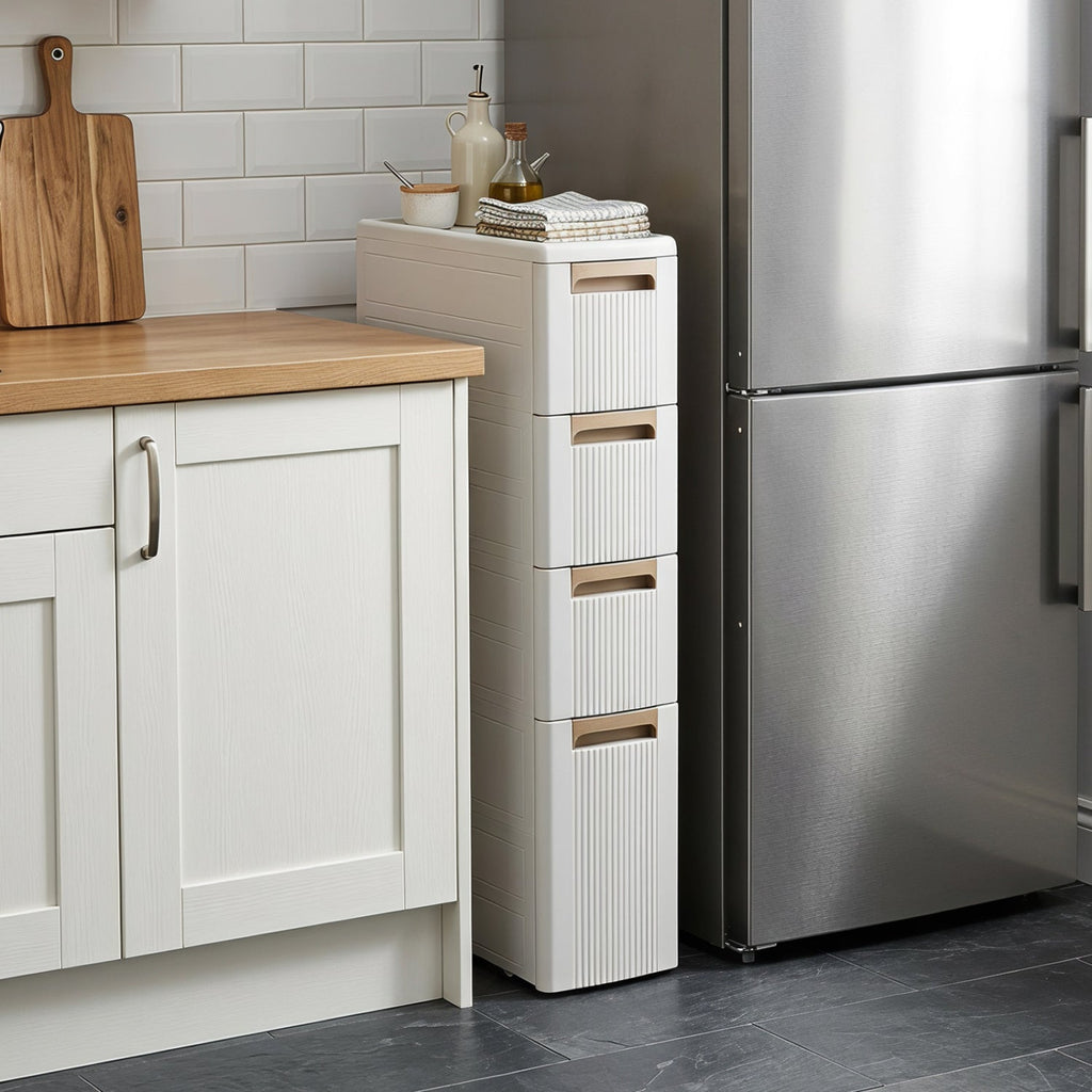 Narrow Storage Cabinet with Drawers and Removable Dividers