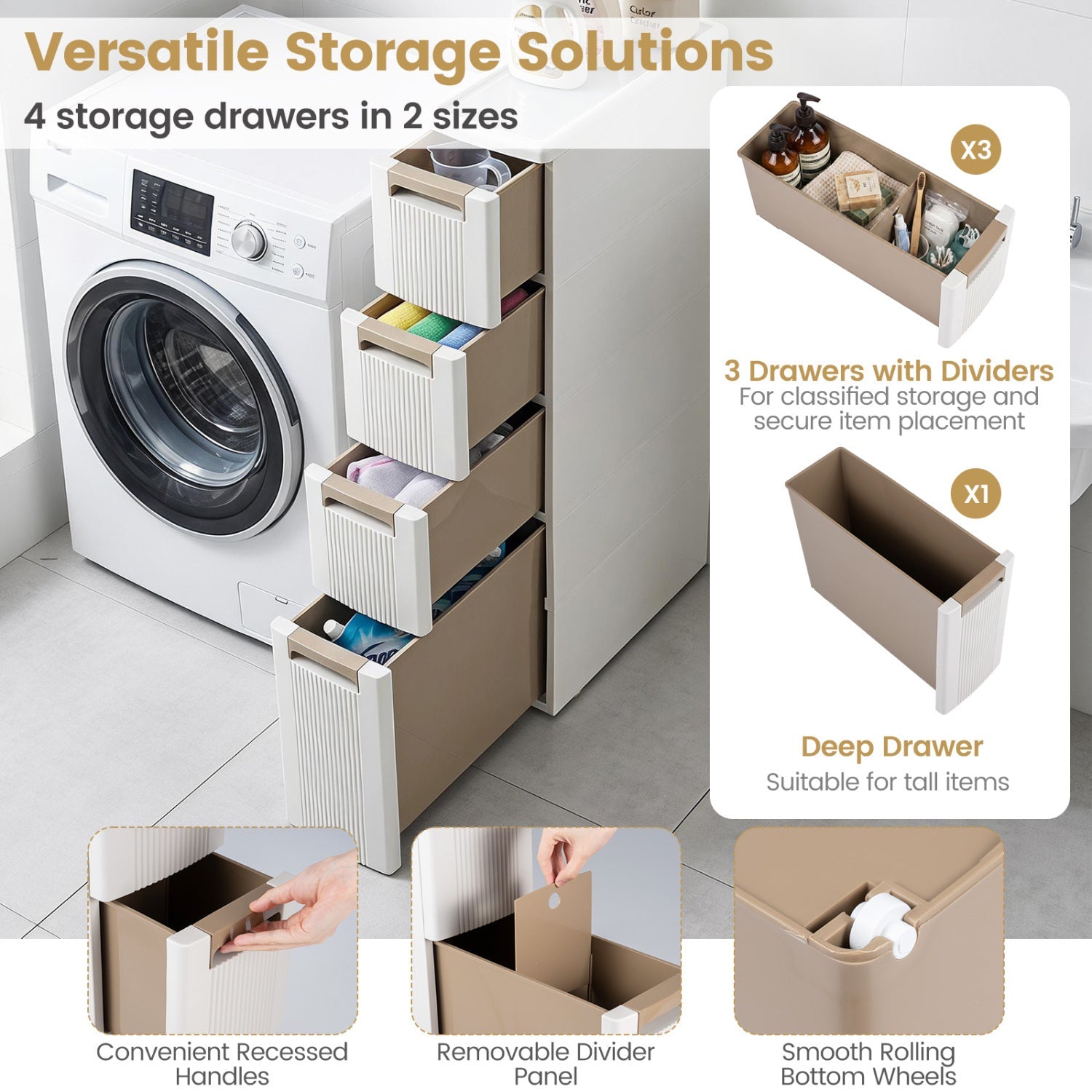 Narrow Storage Cabinet with Drawers and Removable Dividers