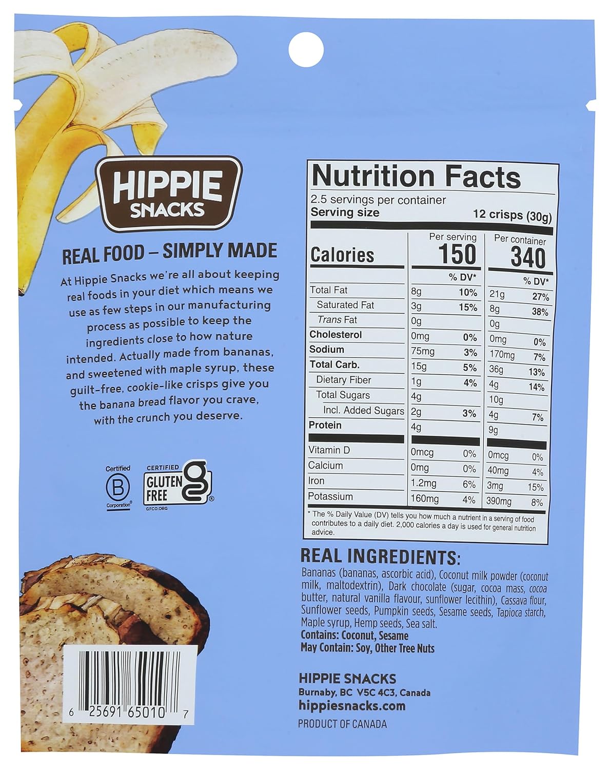 Hippie Snacks, Chocolate Banana Bread Crisps, 2.5 oz, Pack of 8, Gluten-Free