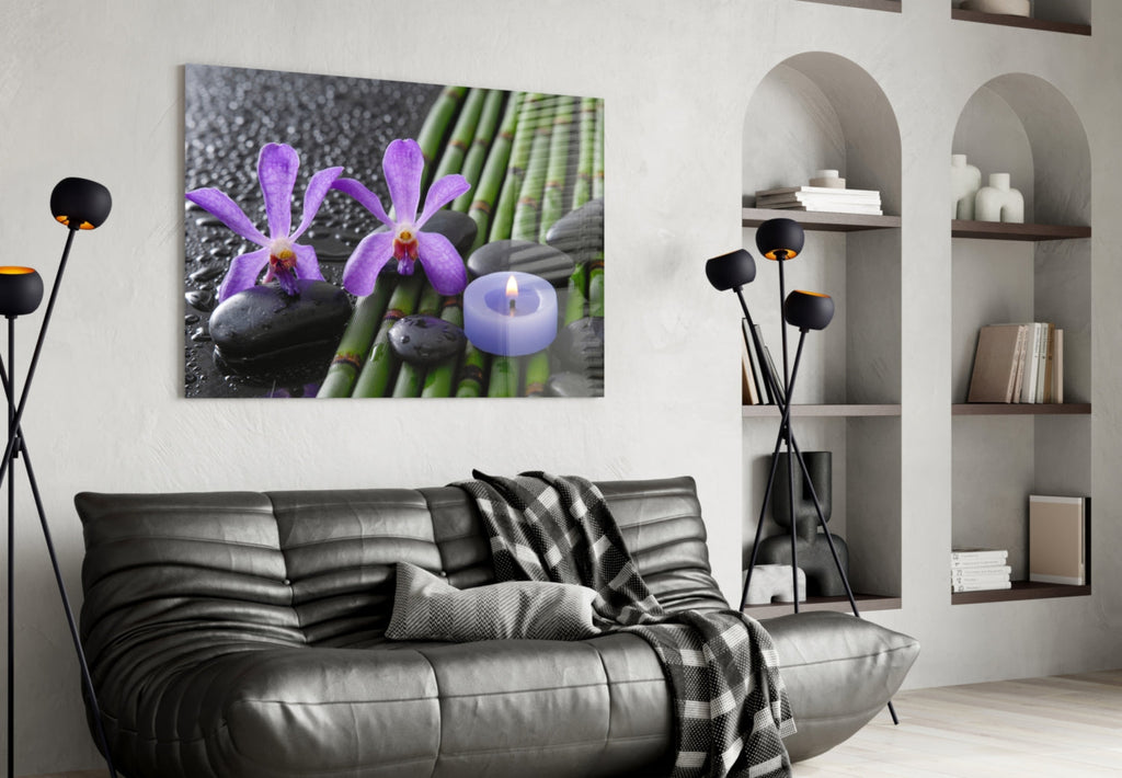 Purple Orchids Bamboo Candle Glass Wall Art