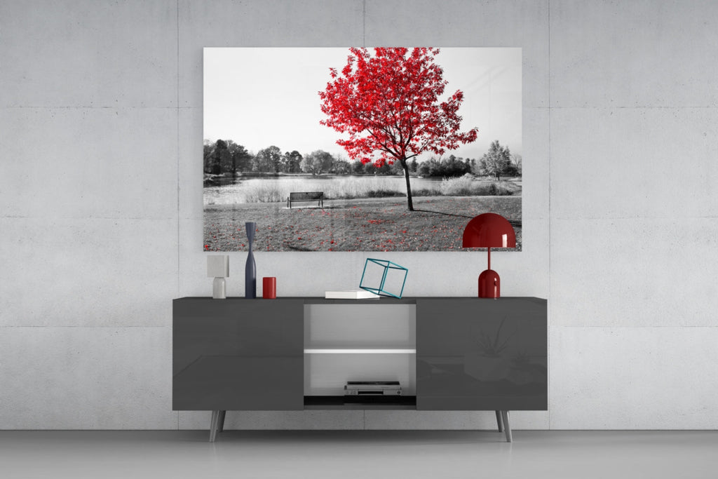 Lone Red Tree Bench Glass Wall Art