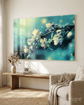 Teal Blossom Bokeh Branch Glass Wall Art