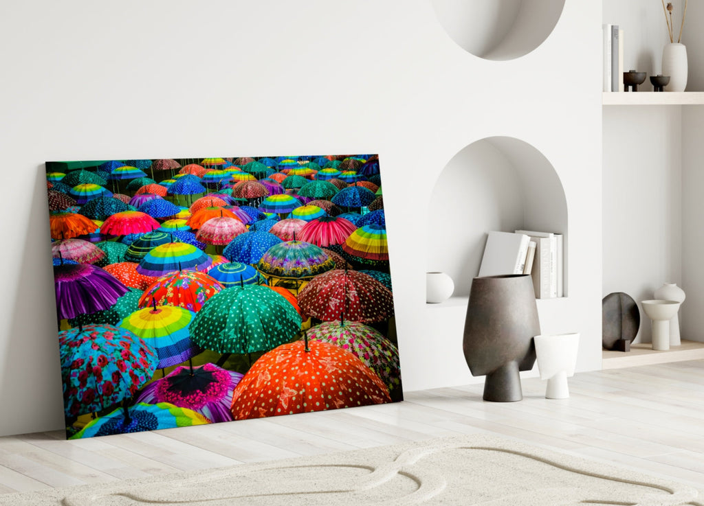 Panoramic Rainbow Umbrella Crowd Glass Wall Art