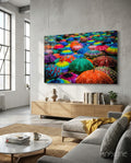 Panoramic Rainbow Umbrella Crowd Glass Wall Art