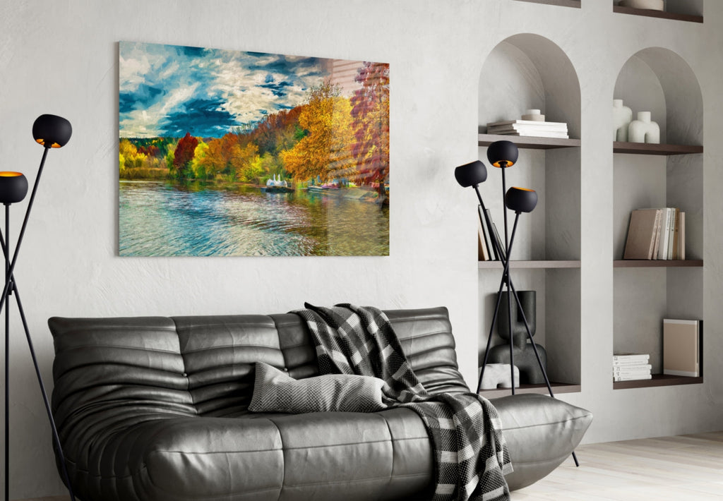Golden Autumn Lakeside Painting Glass Wall Art