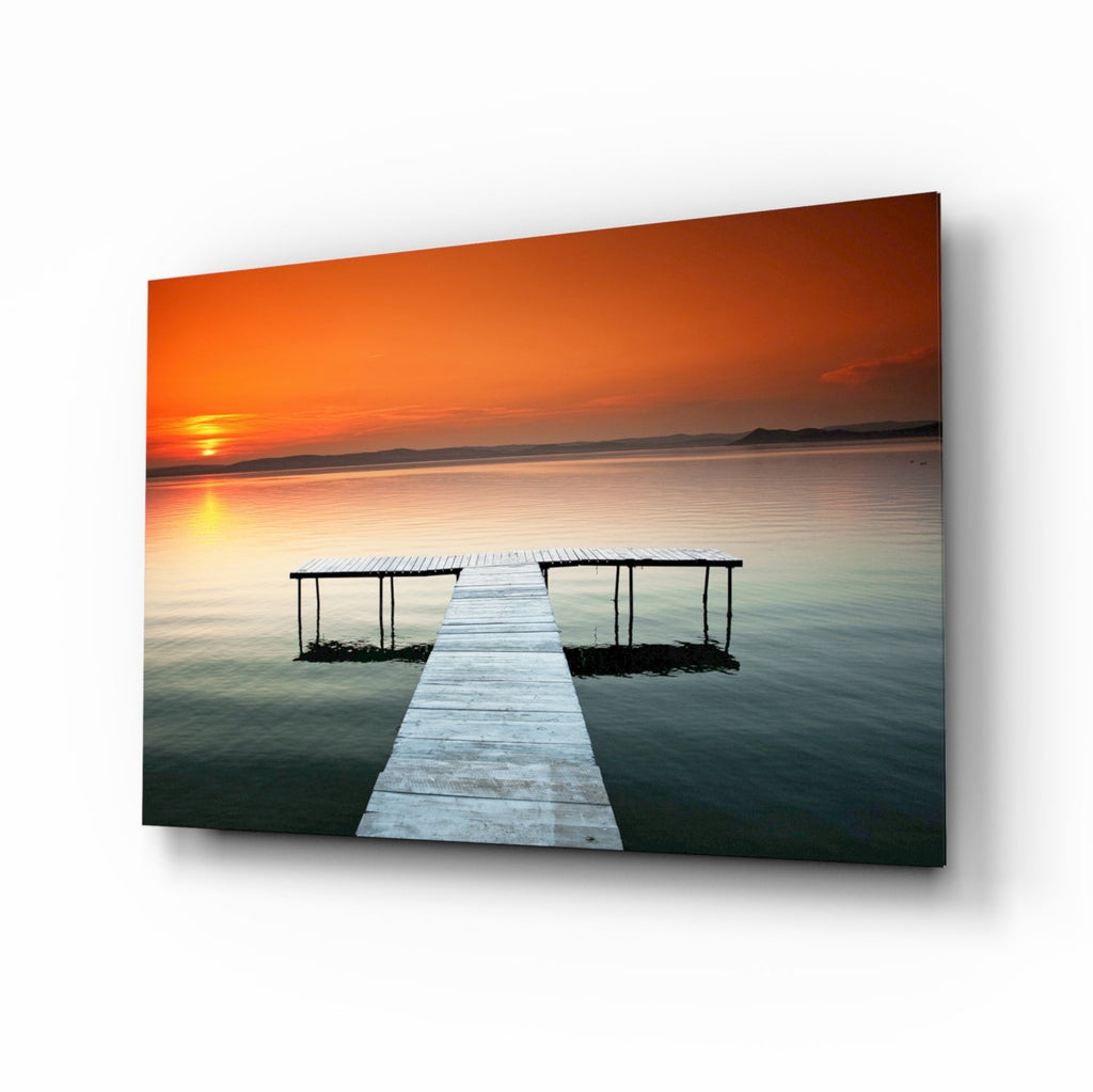 Orange Sunset Lake Swim Platform Glass Wall Art