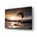 Leaping Dolphin Golden Sunset Glass Wall Art