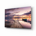 Violet Sunset Lone Boat Jetty Glass Wall Art