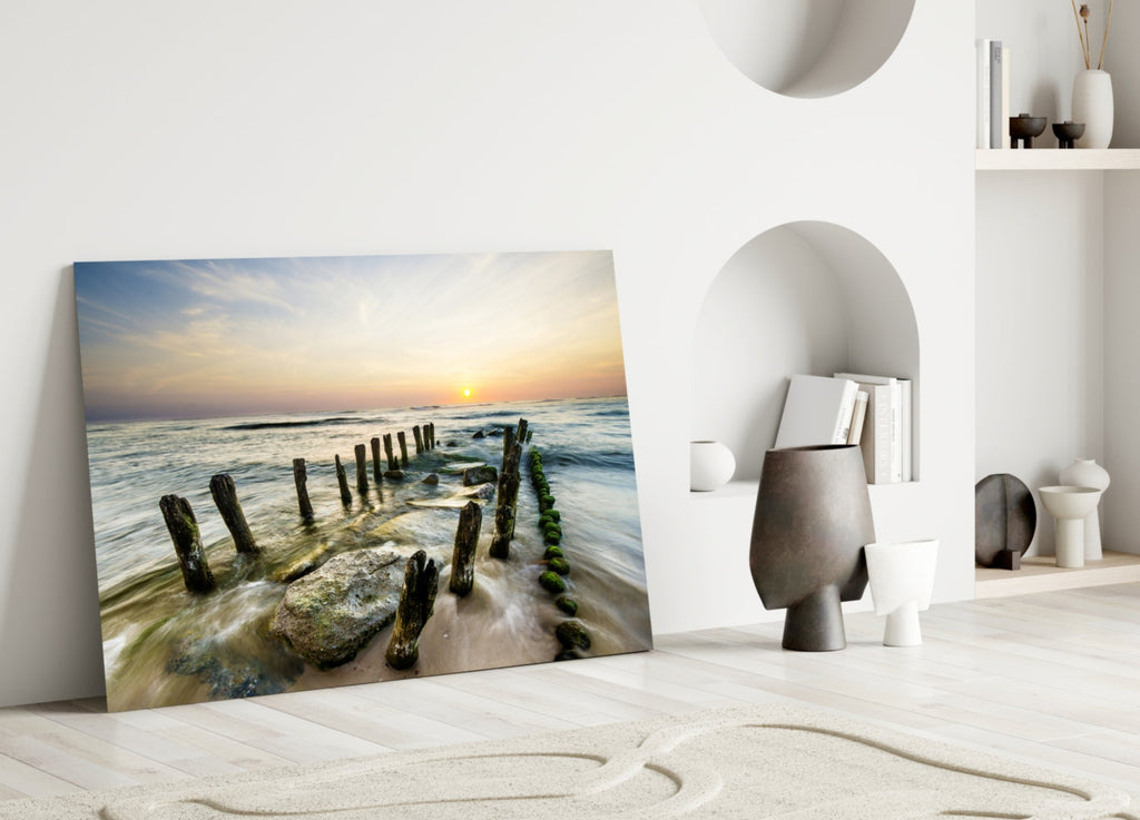 Weathered Groyne Posts Seascape Glass Wall Art